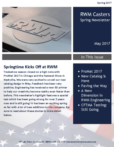Front-page of an RWM Casters Spring 2017 newsletter.