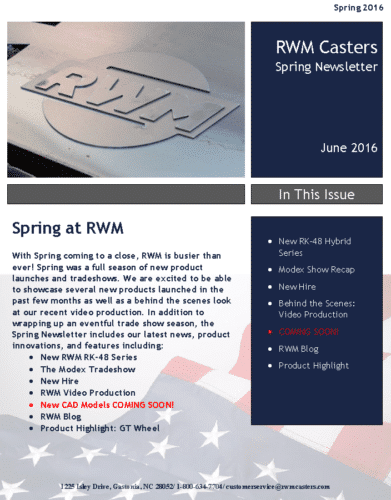 Front-page of RWM Casters Spring Newsletter. 